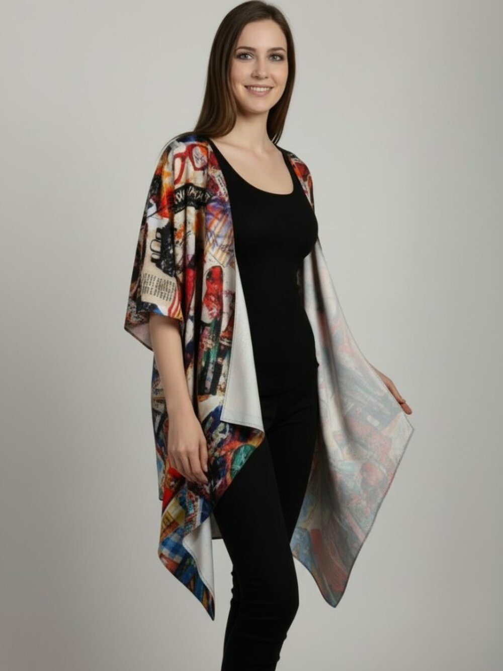 Abstract Graffiti Print Draped Kimono Cardigan – Open Front Statement Wrap
